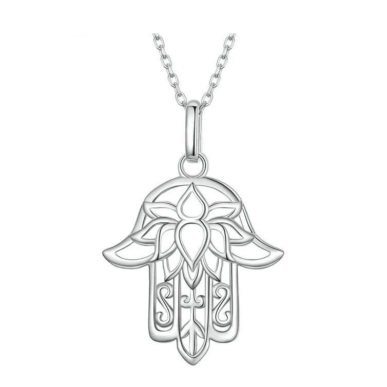 Plant Necklace 925 Sterling Silver Flower  Pendant Guardian Fatima Hand