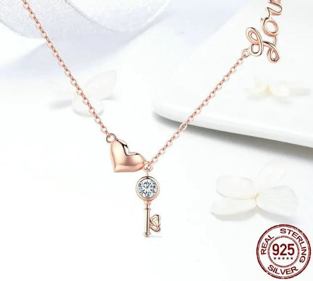 925 Sterling Silver Key Lock Necklace Cubic Zirconia Rose Gold