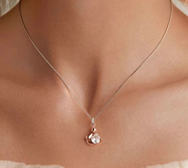 925 Sterling Silver Cute Cat  Necklace Cubic Zirconia Rose Gold