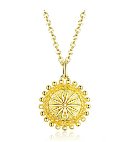 gold sun Necklace round coin Pendant chain