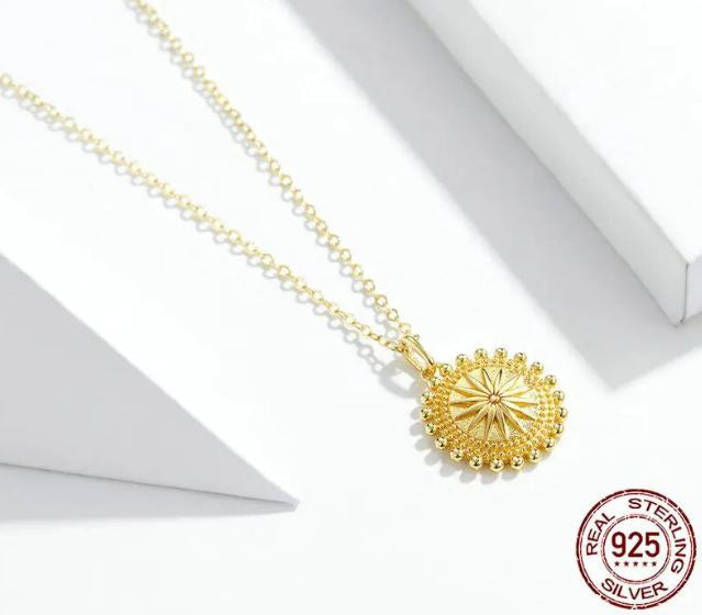 925 Sterling Silver Sun Coin Necklace For Women Gold