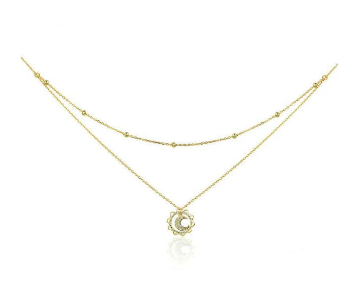 Sterling Silver Necklace For Women Sun and Moon Double Layer