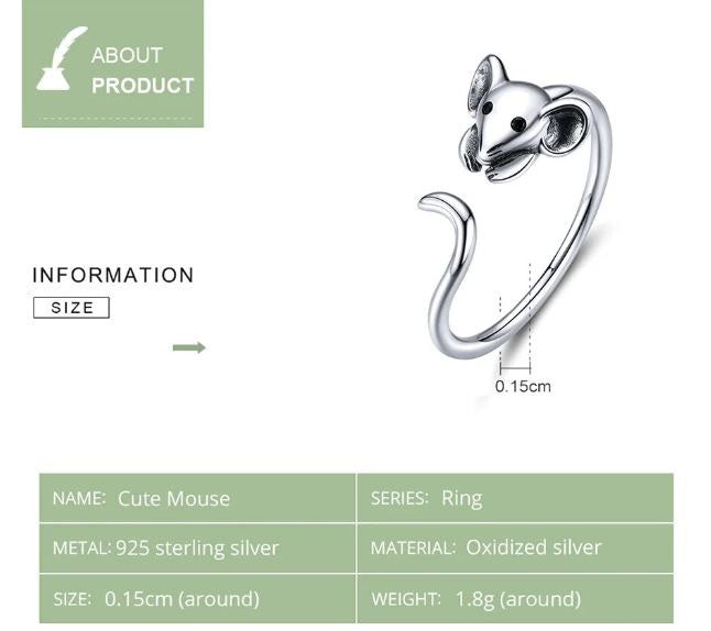 925 Sterling Silver Mouse Ring Cubic Zirconia Black