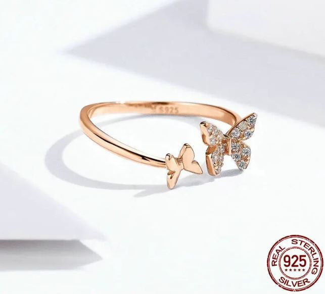 Open Ring Rose Gold Butterfly Sterling Silver