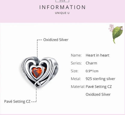 925 Sterling Silver Openwork Heart Charm Cubic Zirconia 