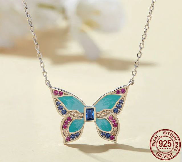925 Sterling Silver Butterfly  Necklace Cubic Zirconia Turquoise 