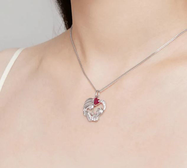 925 Sterling Silver Mother and Child Necklace Cubic Zirconia Red