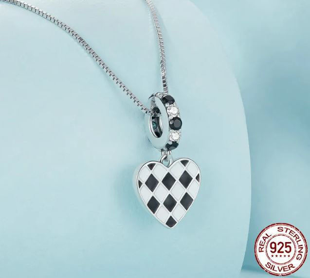 925 Sterling Silver Heart Necklace Cubic Zirconia Black White