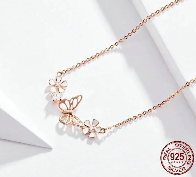 925 Sterling Silver Butterfly  Necklace Cubic Zirconia Rose Gold