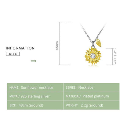 925 Sterling Silver Sunflower  Necklace Cubic Zirconia Gold 