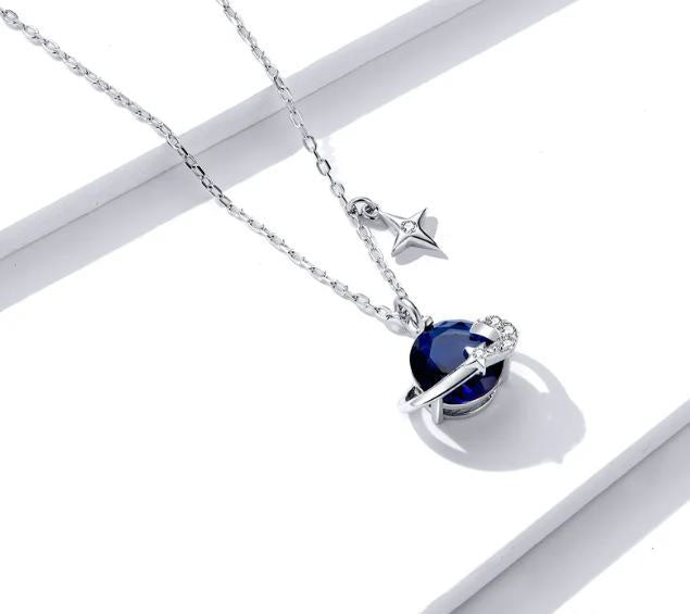 blue planet saturn pendant necklace link chain