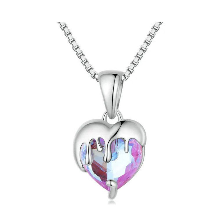 Sterling Silver Necklace Melted pink Heart chain