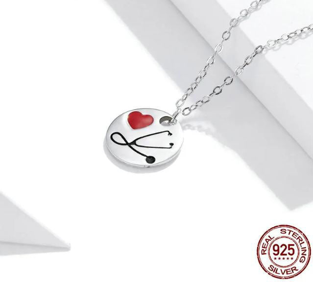 Pendant Necklace Red Black Heart Coin Sterling Silver