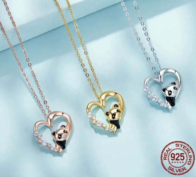 925 Sterling Silver Baby Panda Necklace Cubic Zirconia Rose Gold