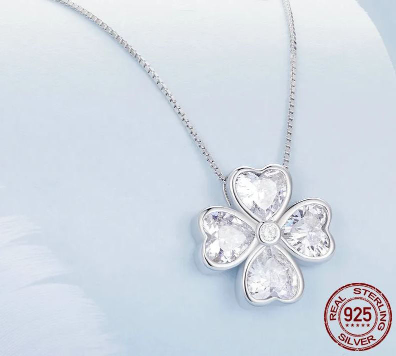 925 Sterling Silver Four Leaf Clover Necklace Cubic Zirconia Clear