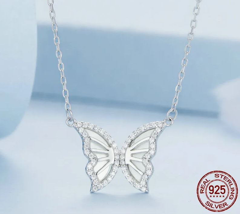Pendant Necklace Clear Butterfly  Sterling Silver
