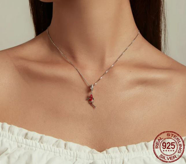 925 Sterling Silver Lucky Koi  Necklace Cubic Zirconia Red