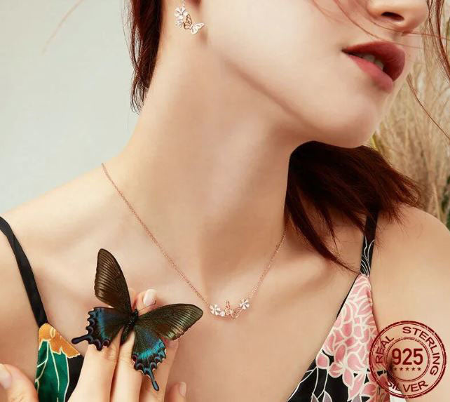 Pendant Necklace Rose Gold Butterfly  Sterling Silver