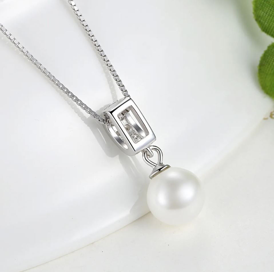 Pendant Necklace White Simulated Pearl Sterling Silver