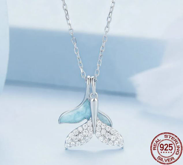 Blue Necklace Sterling Silver Pendant Whale Tail Fish