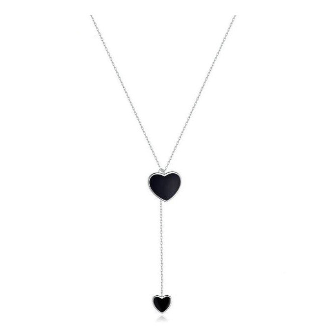 Black Necklace 925 Sterling Silver Double Heart Pendant Enamel 