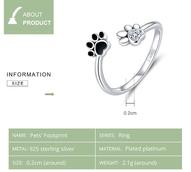 925 Sterling Silver Dog Paw Ring Cubic Zirconia Black