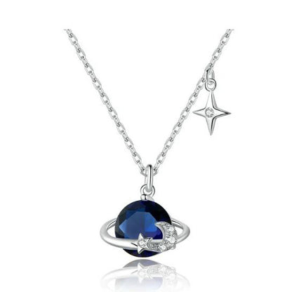 blue planet saturn necklace with star and moon pendant