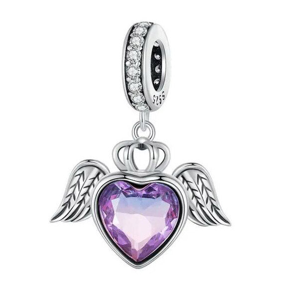 purple Heart Charm Angel Wings 925 Sterling Silver 