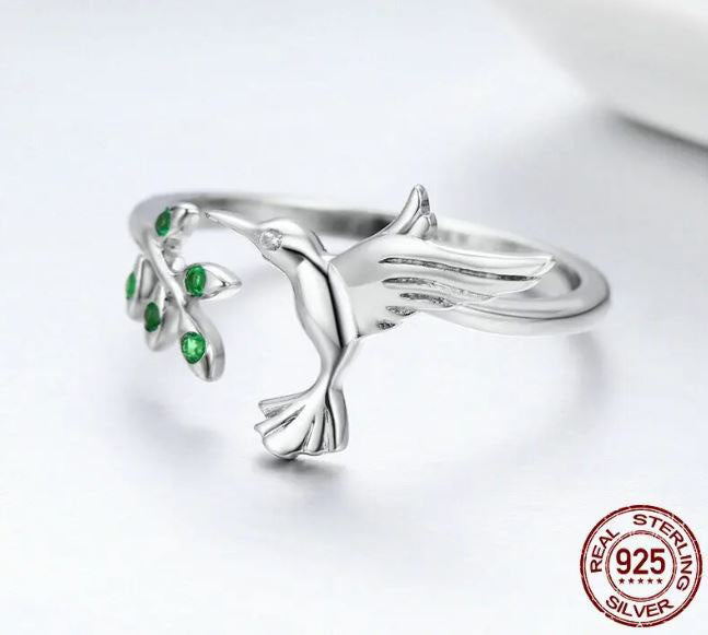 925 Sterling Silver Spring Tree Leaves Ring Cubic Zirconia Green