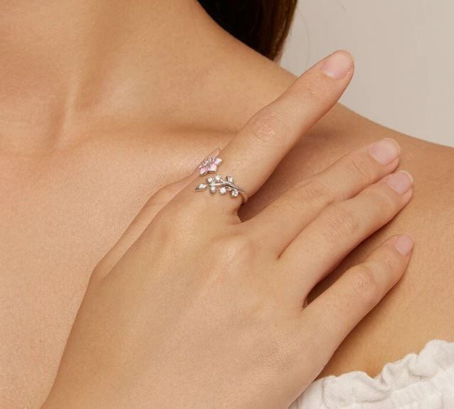 Ring For Women Enamel  Cherry Blossom 925 Sterling Silver