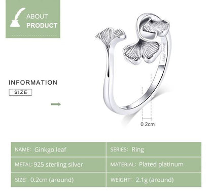 925 Sterling Silver Ginkgo Leaf Ring Cubic Zirconia Open