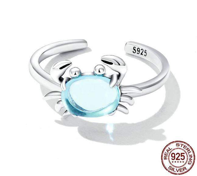 Blue Ring Sterling Silver Open Crab Adjustable