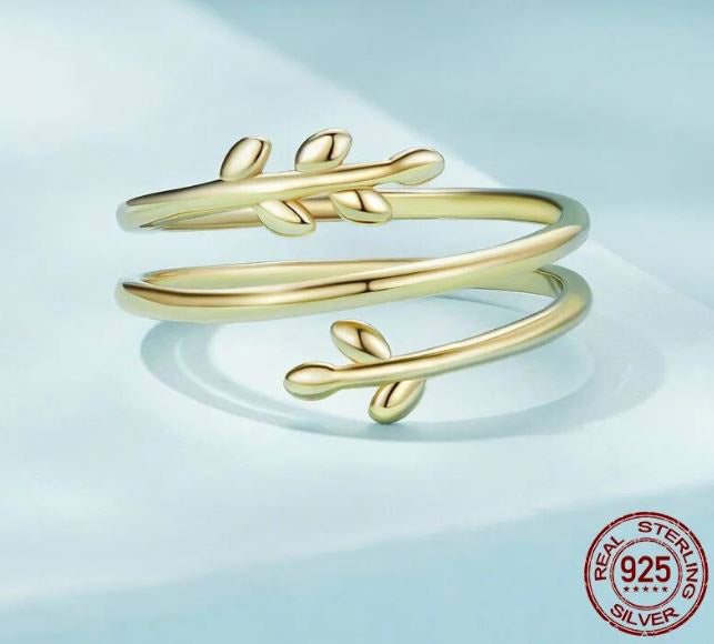 Adjustable Ring Gold Leaves Sterling Silver