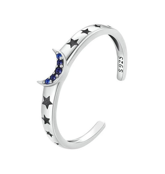 Blue moon Ring with stars 925 Sterling Silver Open Adjustable