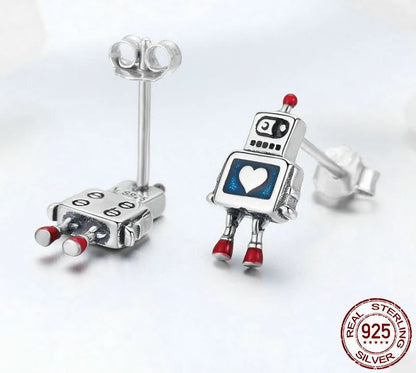 Stud Earrings Robot Heart Push Back