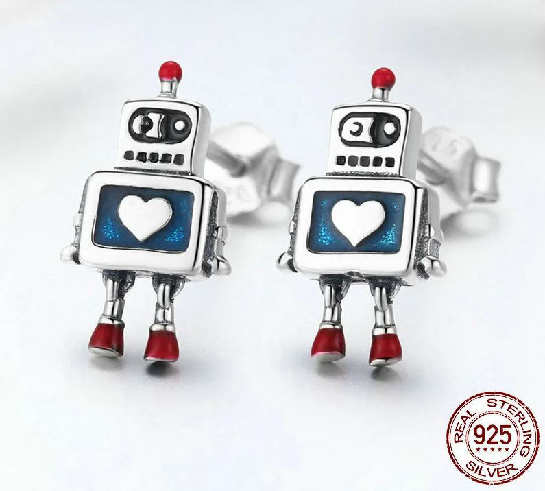 925 Sterling Silver Stud Earrings Robot Heart