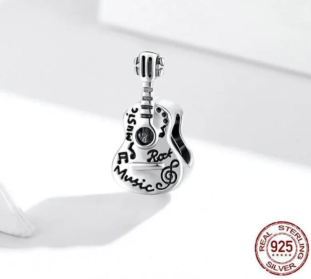 925 Sterling Silver Retro Guitar Charm  