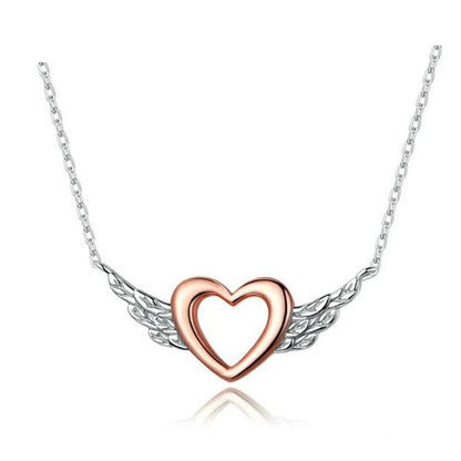 Rose Gold Necklace wings and Heart Pendant sterling silver chain