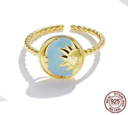 Round Ring Gold Splendid Sun Moon Sterling Silver