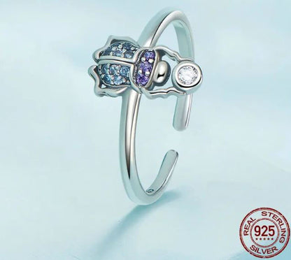 925 Sterling Silver Scarab Ring Cubic Zirconia Blue