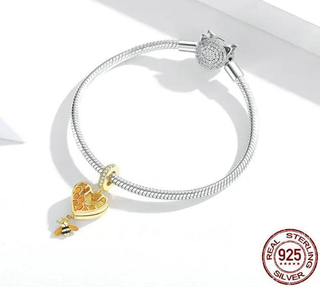 Honeycomb Bee Charm Heart Sterling Silver