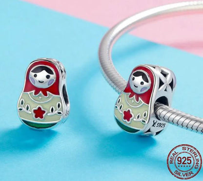 Charm For Women Enamel Matryoshka Doll 925 Sterling Silver