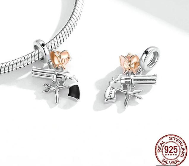 925 Sterling Silver Rose and Pistol Charm  