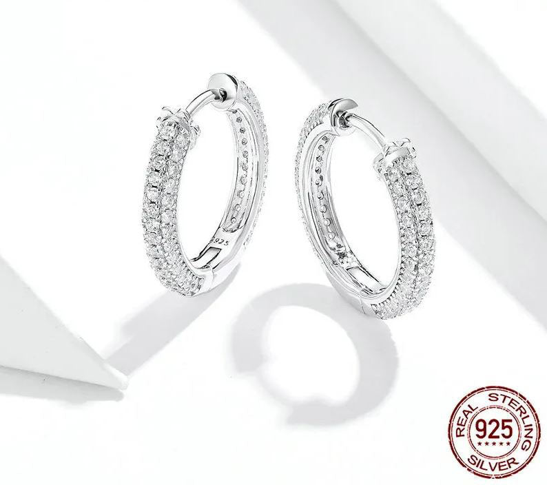 Round Earrings Sterling Silver Huggie Hoop Pave