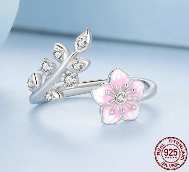 925 Sterling Silver Cherry Blossom Ring Cubic Zirconia Pink