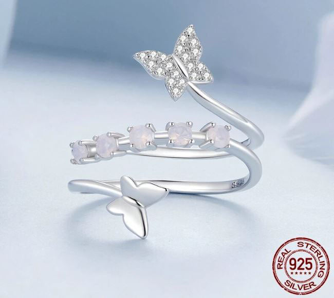 925 Sterling Silver Dancing Butterfly Ring Cubic Zirconia Clear