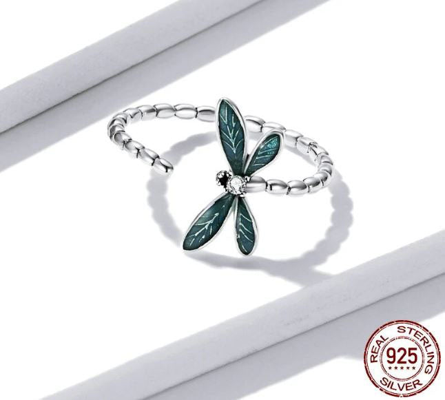 Green Ring 925 Sterling Silver Dragonfly Insect Enamel