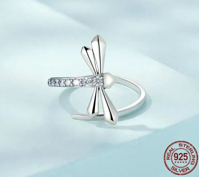 925 Sterling Silver Dragonfly  Ring Cubic Zirconia Clear