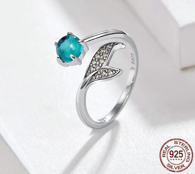 925 Sterling Silver Fish Tail Ring Cubic Zirconia Blue