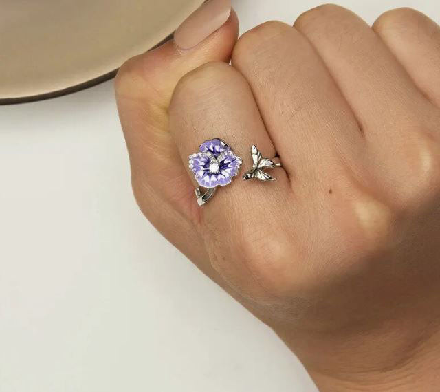 Butterfly Ring Purple Flower Sterling Silver